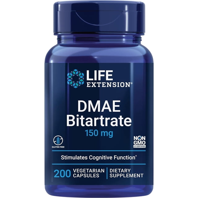 Life Extension | Bitartrato DMAE 150 mg 200 caps, Suplemento que Se utiliza para la mejora cognitiva, la memoria y el déficit de atención.