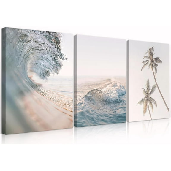 FCCUYE Beach Waves Wall Art Palm Tree Poster Light Blue Sea Wave Picture Prints Seawater Ocean Wave Canvas Wall Decor Coastal Coconut Trees Neutral Blue Sea Seascape Wall Decor Und(12x16 inch)