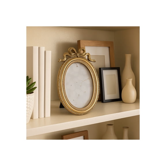 Decorative Oval Photo Frame with Elegant Bow Detail - Vintage Style Home Decor Ideal for Living Room, Bedroom, and Office Desk - Stylish Wall Decor and Tabletop Picture Frames - 9", Gold