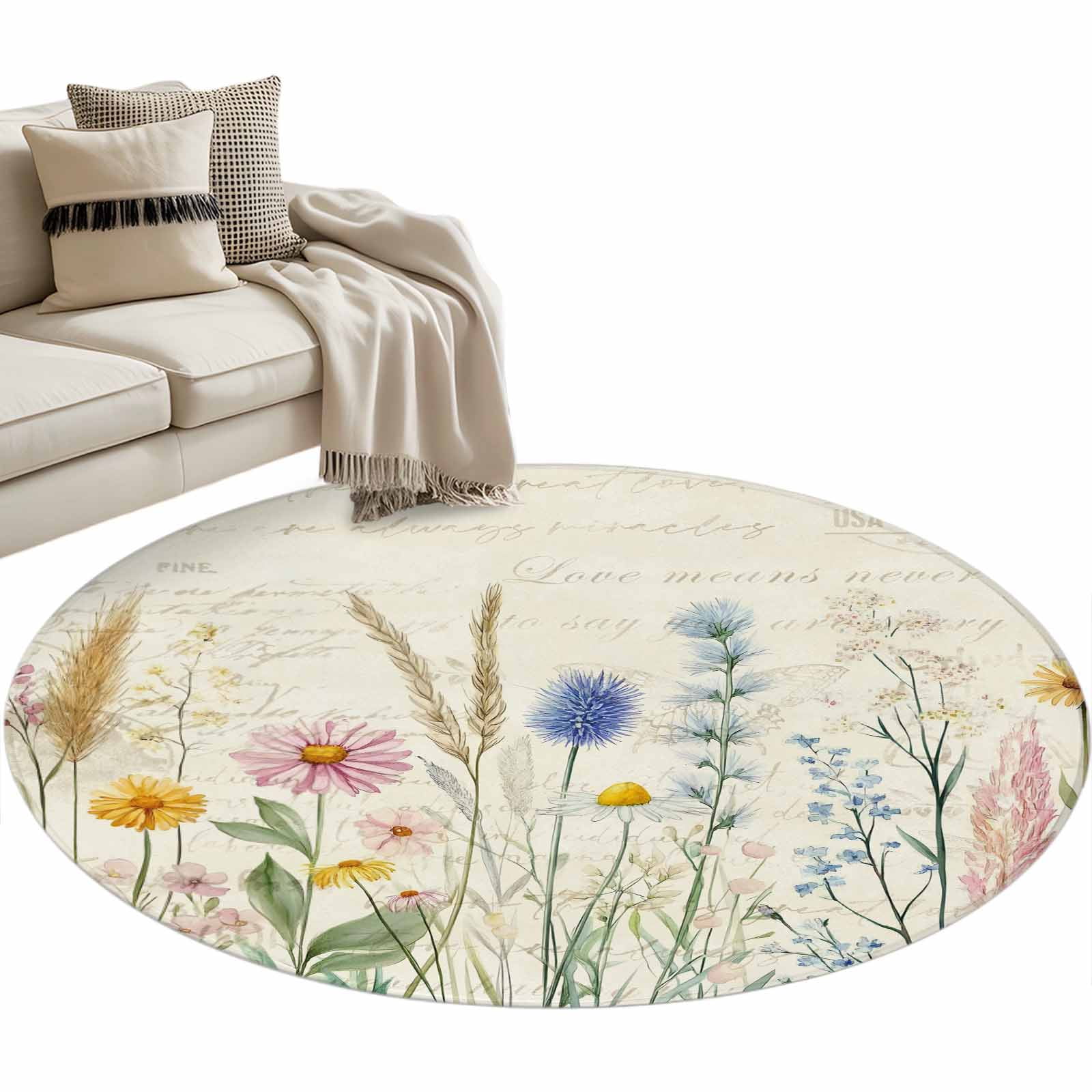 Spring Floral Round Rugs 4ft, Summer Farmhouse Vintage Botanical Non Slip Washable Rug Runner, Low Pile Indoor Floor Carpet Mat Bathroom Rugs for Living Room, Bedroom, Kids Room