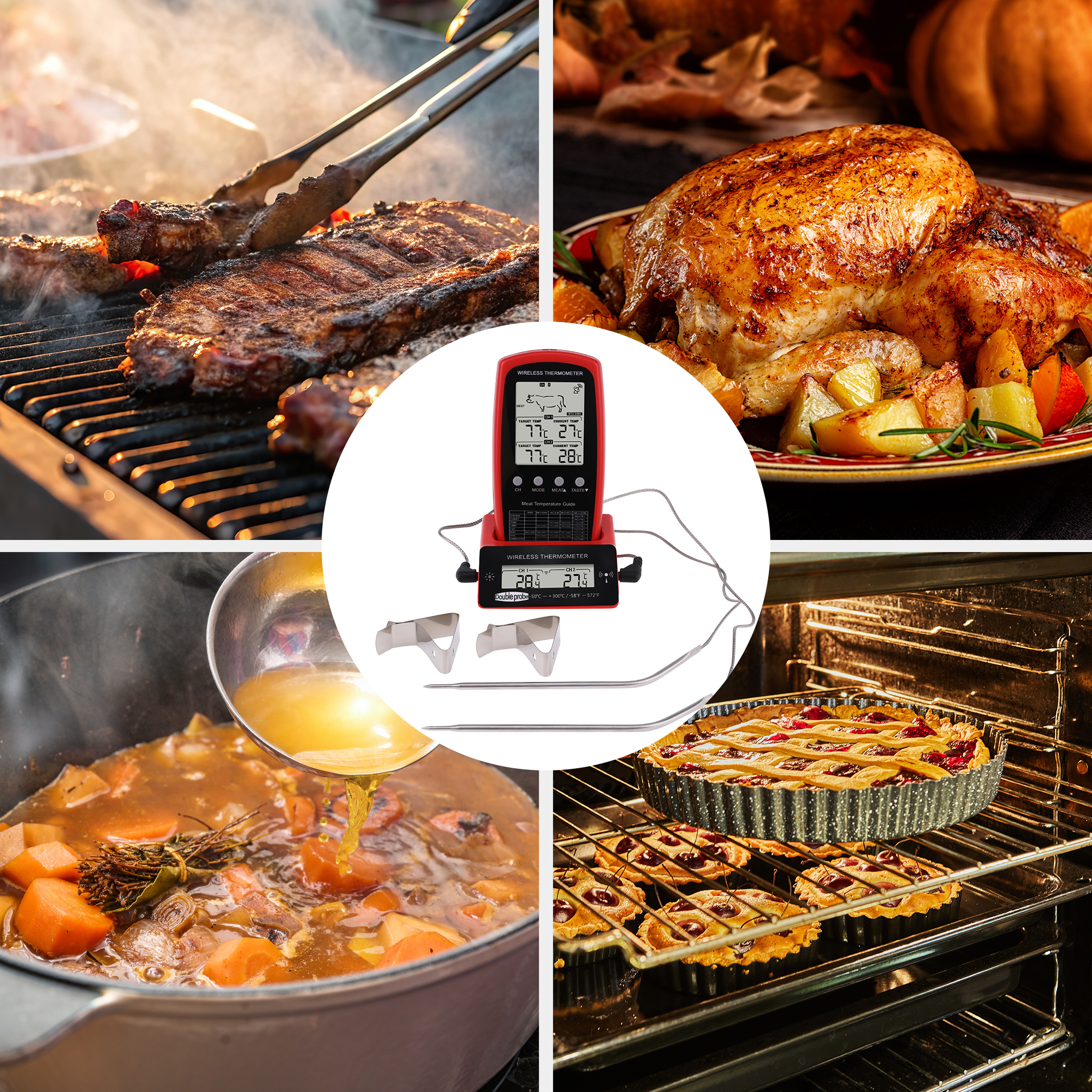 Unique Bargains Digital Meat Thermometer with 2 Temperature Probes Red/Black