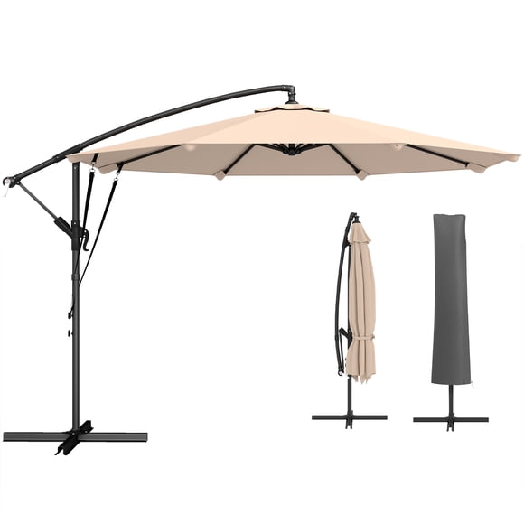 Outsuny 10FT Cantilever Patio Umbrella with Cover and Wind Ropes, Khaki