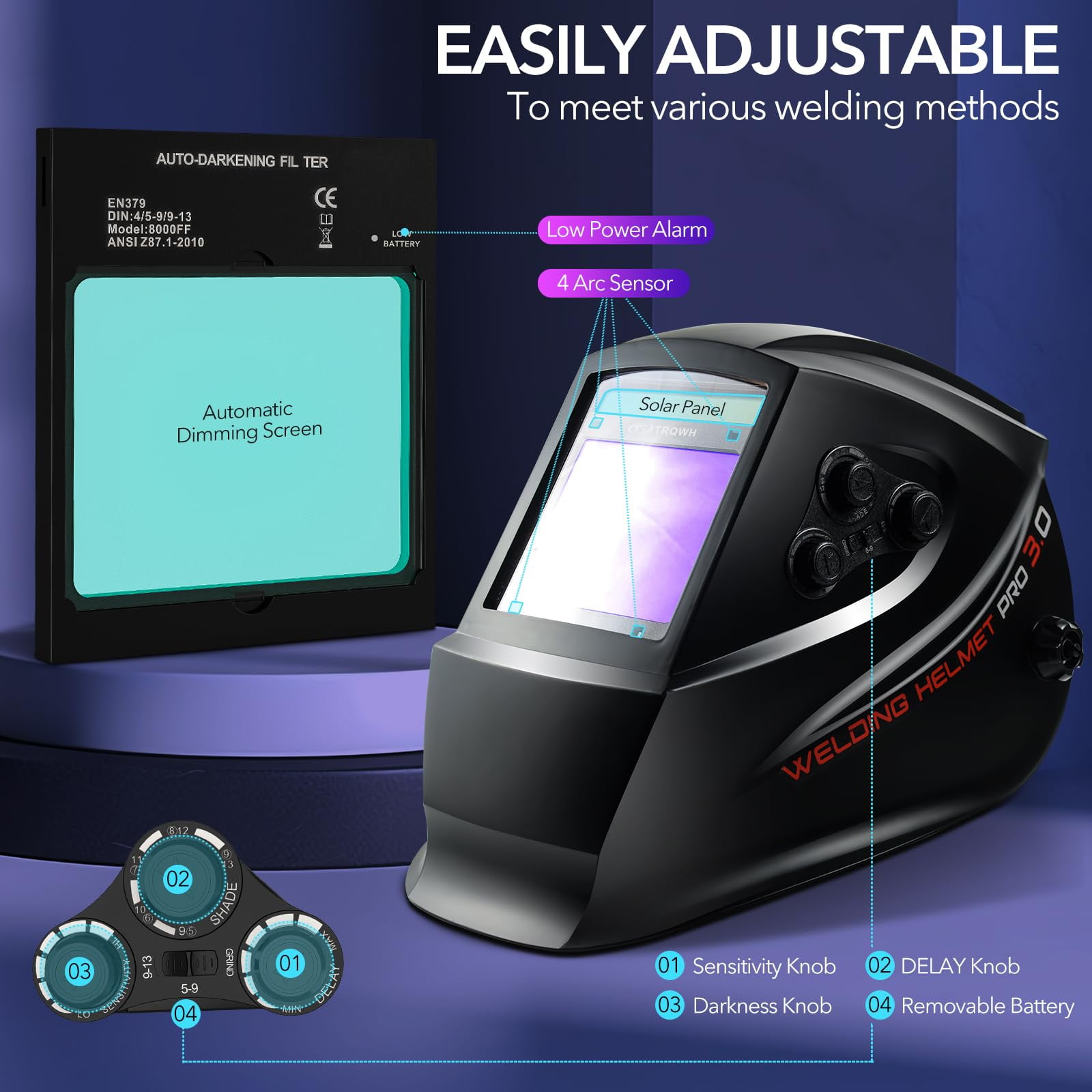 Welding Helmet Auto Darkening - Large Viewing True Color Solar Powered Welding Hood with 4 Arc Sensor Adjustable Wide Shade Range 4~5-8/9-13 Welder Mask for TIG MIG ARC Weld Plasma Cut Grinding