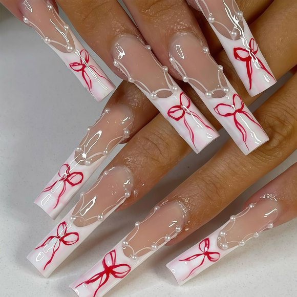 Uñas postizas adhesivas GJJBQTT de 24 piezas con moño rojo para San Valentín