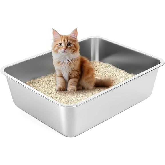 Stainless   Litter Box with High Sides,  Open  Litter Pan, Easy to Clean, Rust Proof, Non , Non Slip Rubber Feets (18"x14"x4")