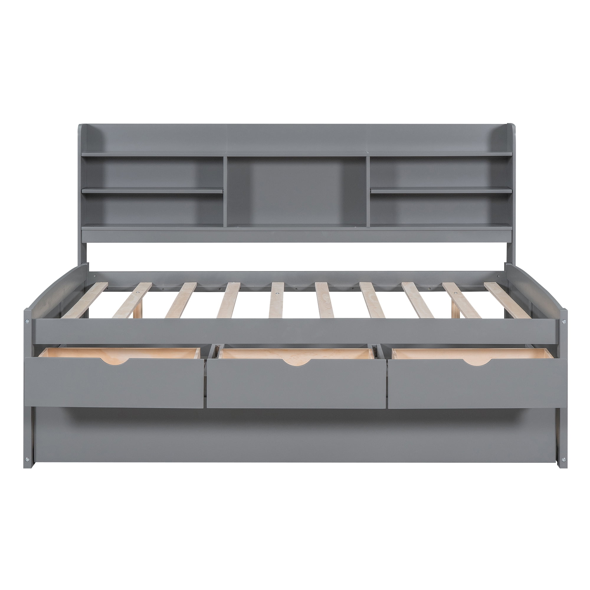 Euroco Wood Full Size Captain Bed with Trundle and Drawers, Light Grey