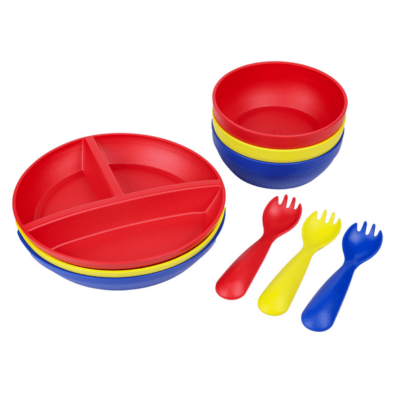 ReUSAbles by Re-Play Recycled Plastic, 3-Pack Plates, Bowls and Sporks Set for Toddlers, Multicolor