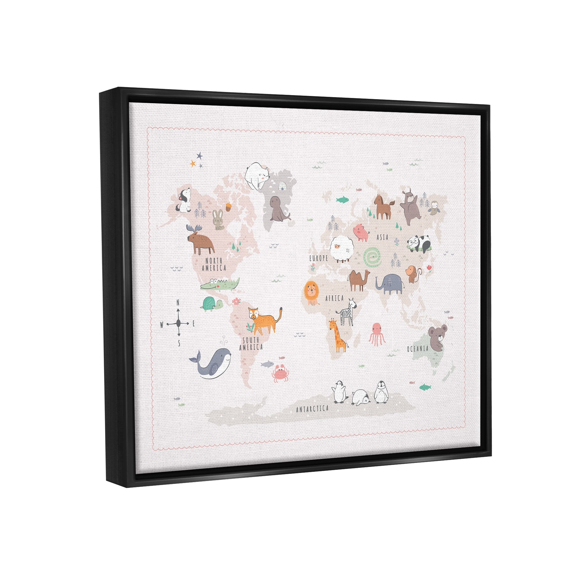 Stupell Industries Native Wildlife Animals Countries World Map Education Graphic Art Jet Black Floating Framed Canvas Print Wall Art, Design by Andrea Jasid Grassi
