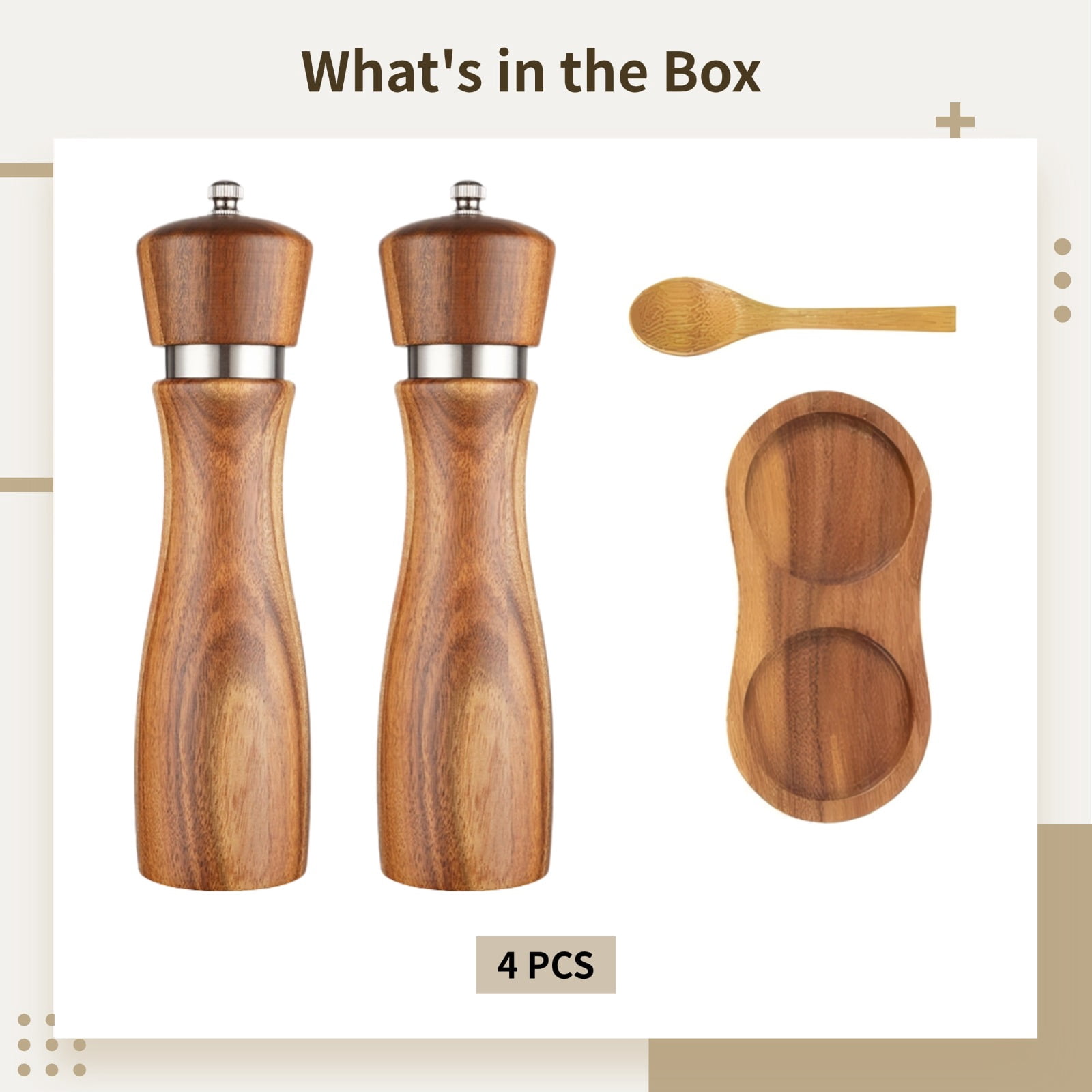 8-Inch Acacia Wood Pepper Mill with Steel Ring, Salt and Pepper Grinder Set with Spoon and Base, Elegant Gift for Bakers and Home Chefs