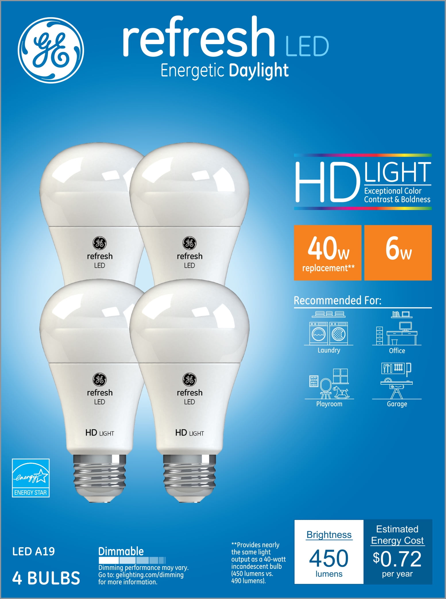 GE LED 5.5 Watt (40 Watt Equivalent) HD Refresh Daylight General Purpose Light Bulbs, Medium Base, 4pk