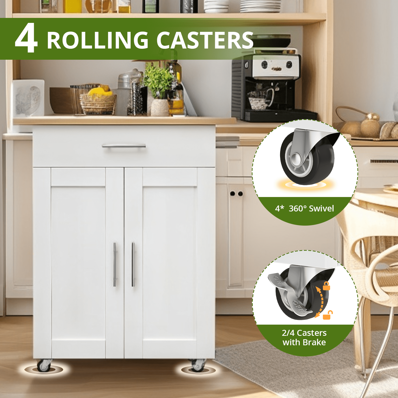 PulseFay Kitchen Island Cart with Storage, Small Kitchen Island on Wheels with Large Drawer, Adjustable Shelf & Towel Rack, Rolling Island Table for Kitchen & Dining Room, White