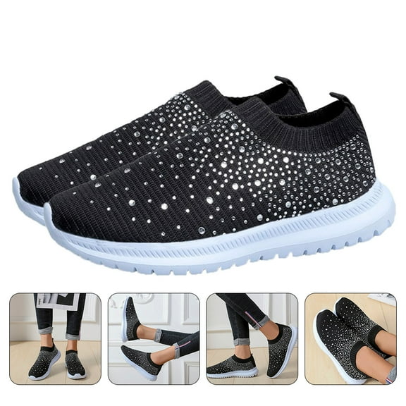 FUTUREORYY 1 Pair Rhinestone Shoes Black Breathable Mesh Cloth Rubber Low Heel for Women Sports