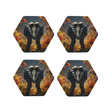 

Fuzoiu Romantic Flower Astronaut Couple Print Leather Coasters Set Drink Coasters Set of 4 for Tabletop Protection Durable PVC Coasters Home Décor and Housewarming Gift-Hexagon