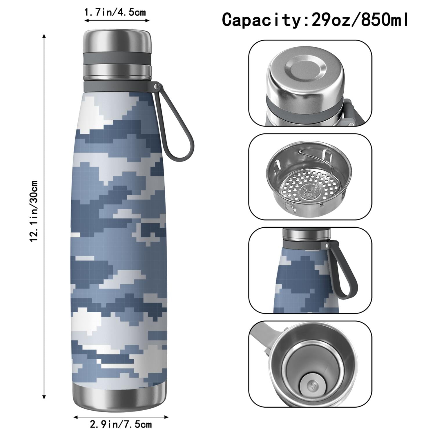 29oz Insulated Water Bottle with Tea Infuser, Stainless Steel Travel Mug, Camouflage Print