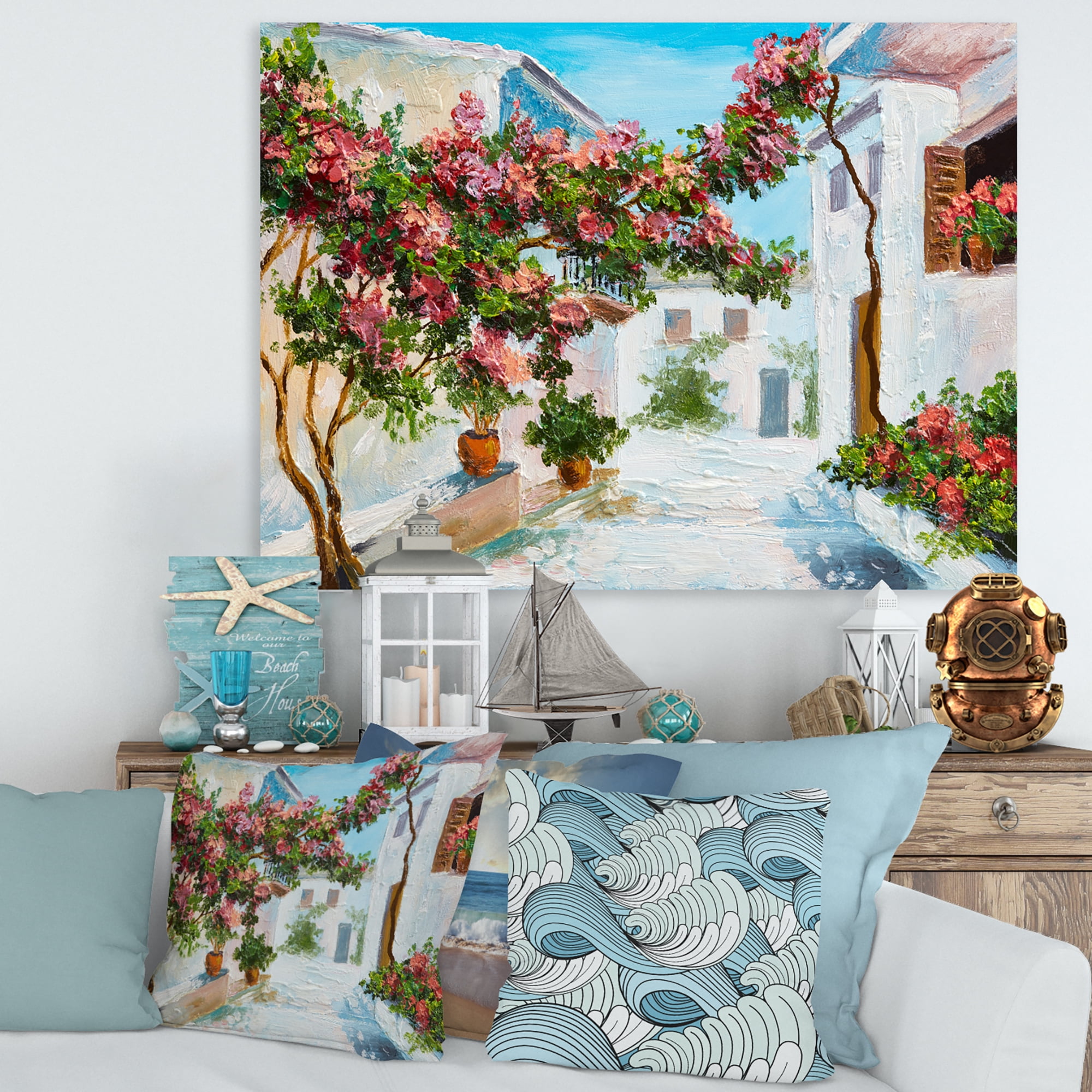 Designart ' Blossoming Flowers With White House Near The Sea ' Nautical & Coastal Canvas Wall Art Print
