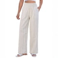 thumbnail image 2 of Linen Pants for Women Wide Leg Trendy Pull On High Rise Striped Elastic Smock Waist Beach Vacation Palazzo Pants, XL, 2 of 5