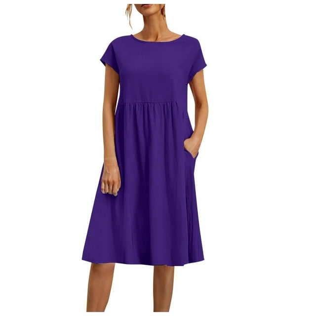 2025 Vestido largo de algodón y lino para mujer, con cuello redondo, tallas grandes, corte holgado, color liso, estilo veraniego/OL