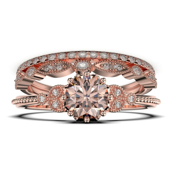 Beautiful 2.25 Carat Round Cut Morganite And Diamond Moissanite Floral Engagement Ring, Antique Wedding Ring, Two Matching Band In 925 Sterling Silver With 18K Rose Gold Plating, Gift For Her