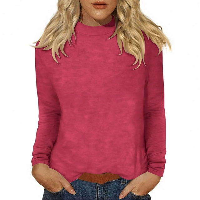 Floleo Women's Ribbed Turtleneck Fitted Tops Long Sleeve Shirts Basic Thermal Layering(Hot Pink,XL)