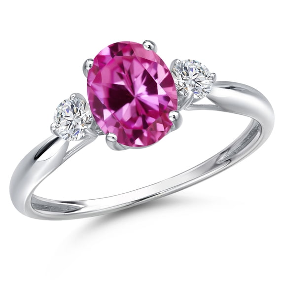 Gem Stone King 10K White Gold Pink Created Sapphire and Lab Grown Diamond 3-Stone Ring for Women | 1.87 Cttw | Oval 8X6MM | Gemstone September Birthstone | Size 9