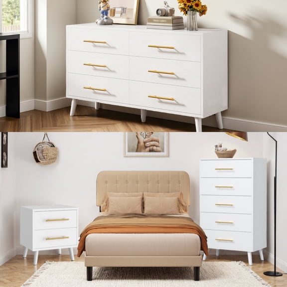 Queen Upholstered Platform Bed Frame with Headboard and 4 Wood Dressers (2,5,6 Drawer) - Modern Bedroom Furniture Set with Sturdy Slats, Noise Free - Beige & White