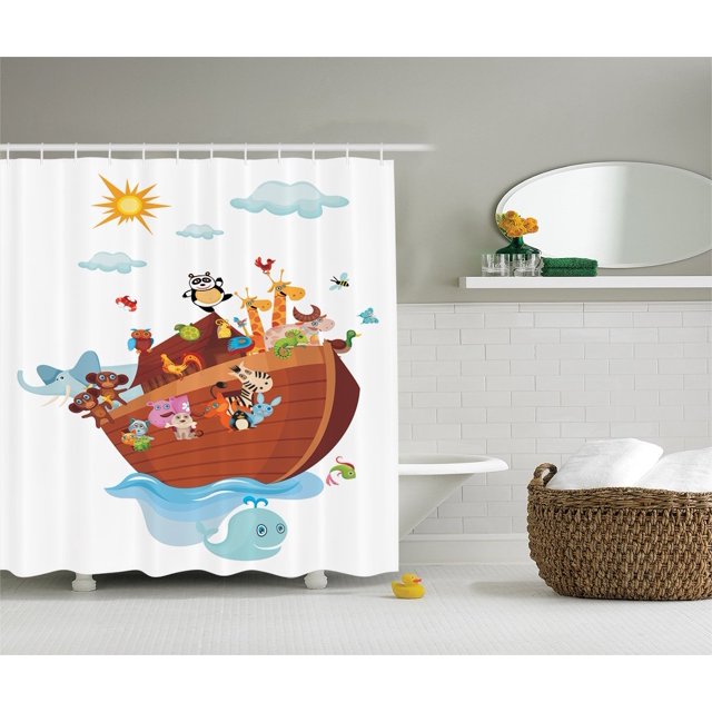 Noah's Ark Decor Collection, Noah's Ark Cartoon Snake Butterflies Bees Insects Fishes Toucan Wildlife Image, Polyester Fabric Bathroom Shower Curtain, 75 Inches Long, White Blue By Ambesonne