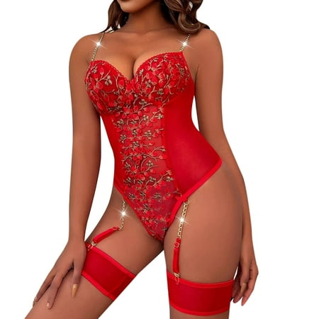 

Youmylove Women Sexy Lace Mesh Floral Embroidery Chain Linked Garter Teddy Bodysuit With Leg Ring Lingerie Underwear Female Comfort Underwear