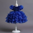 thumbnail image 5 of WMQPNNS Girls Sequined Party Ball Dress Blue Dress for Age 6-7 Years Ruffle Tiered Tutu Dress with Big Bow Headband Wedding Birthday Party Prom Dress, 5 of 8