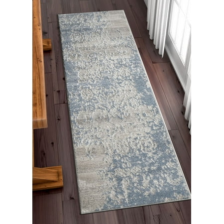 Floral Carpet Runner Well Woven Forte Blue Microfiber High-Low Pile Vintage Abstract Erased Floral 2x7 (2'3