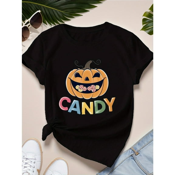 Halloween Women's Smiling Pumpkin Candy Graphic Tee T Shirt Top Short Sleeve Round Neck Black S-5XL