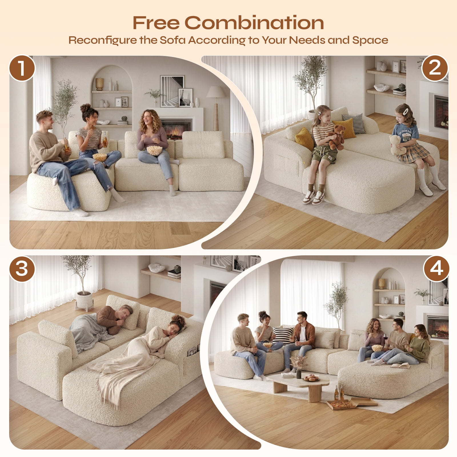 Pinmoco Cloud Sectional Couch for Living Room,Modern Modular Couch with Deep Seat and Side Pockets, Upholstered Couches Boneless Sofa, No Assembly Required, Off White
