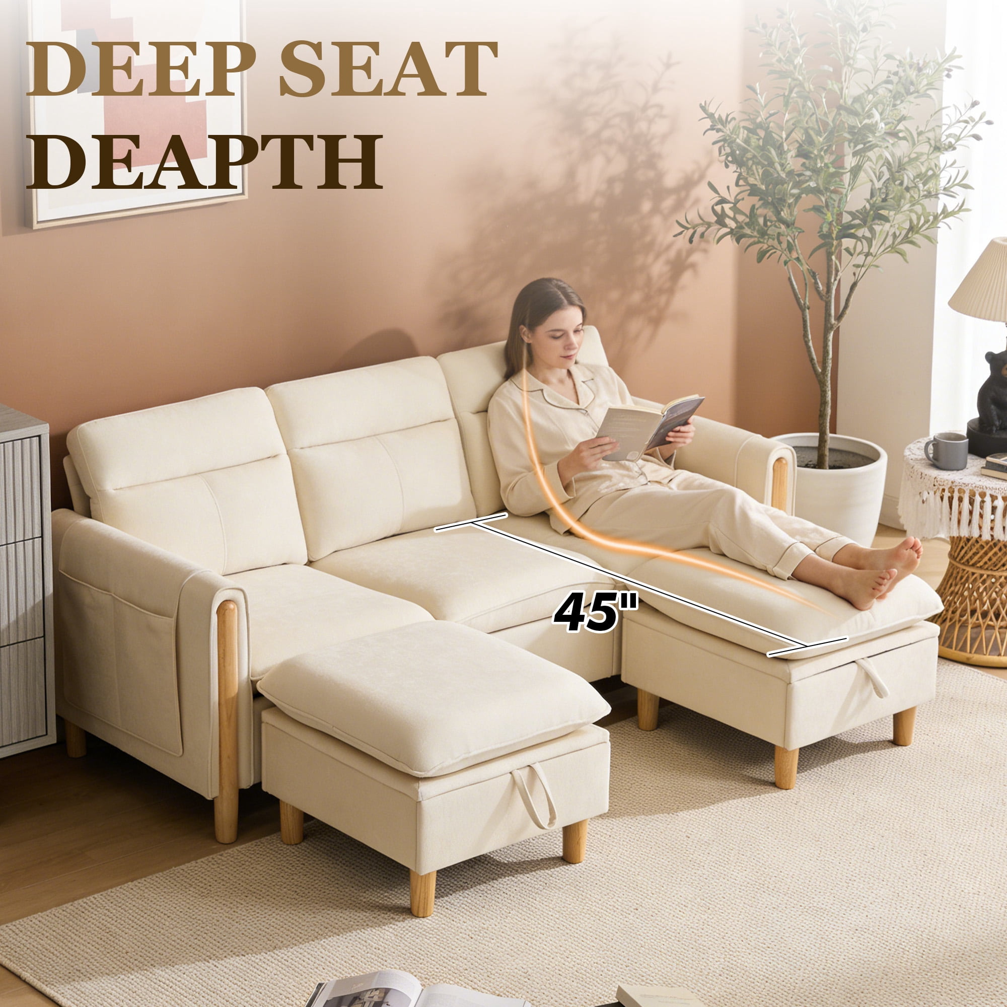 MOONMISS 3-Seater Chenille Sectional Sofa with 2 Storage Ottoman & Side Pocket Convertible Chaise Lounge for Living Room,Beige