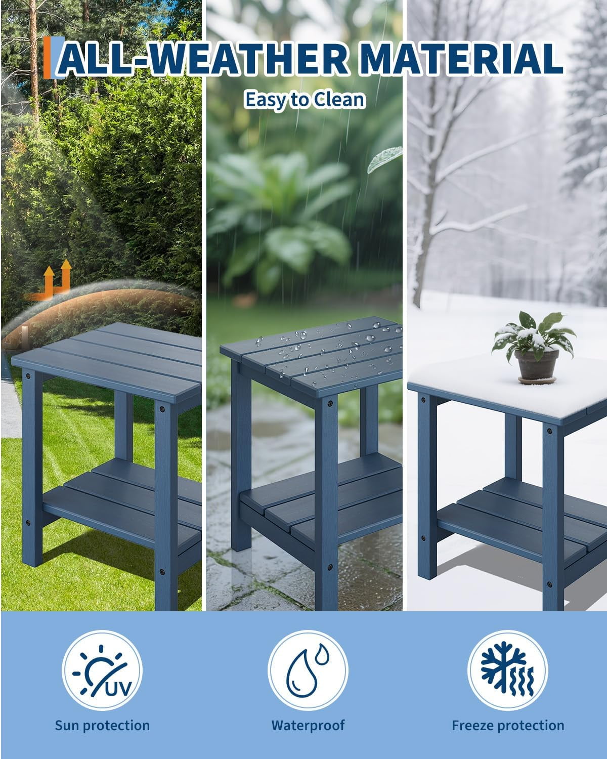 Senfot All-Weather HDPE Adirondack Side Table, 2-Tier Square Outdoor End Table Blue 2pcs