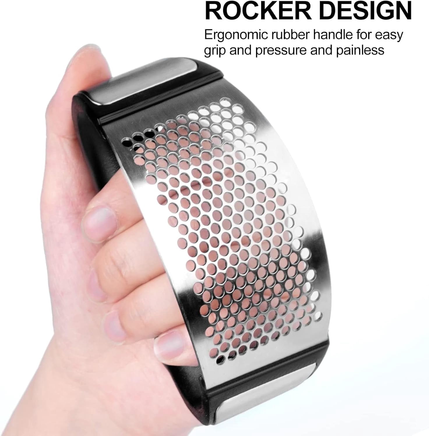 Garlic Press Rocker - Rust Proof & Dishwasher Safe Mincer, Stainless Steel Garlics Crusher Chopper Set with Peeler Brush, Easy to Clean and Squeeze, Masher for Garlics, Ginger, Spices