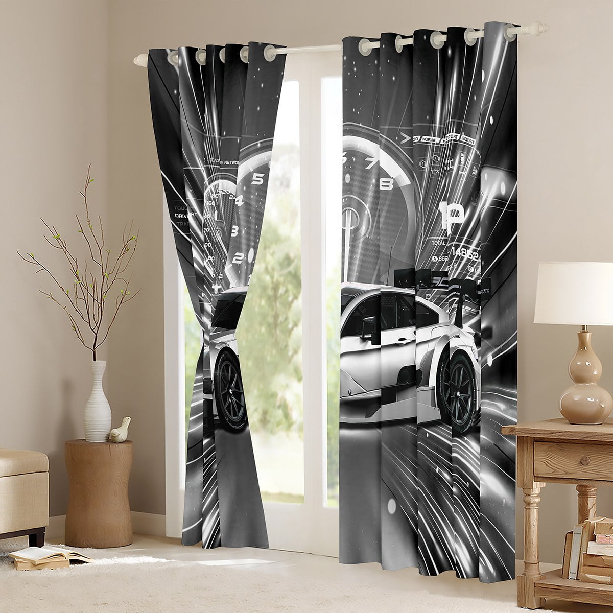 Erosebridal Sports Car Blackout Curtains Racing Sports Game Curtains Retro Grey Race Car Curtains & Drapes Cool Sports Grunge Vintage Decor Window Treatments 42''Wx63''L