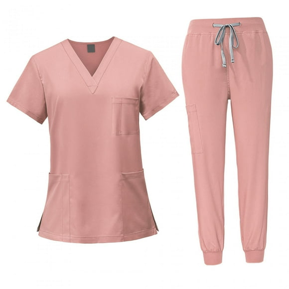 Conjunto Médico Femenino Jinwen Ropa de Trabajo con Bolsillos Top y Pantalones Rosa