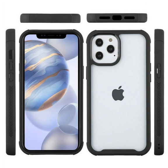 Apple iPhone 12, 12 PRO /6.1" Hybrid with [TPU Cushion] Enhanced Hand-Grip Cushion Frame Transparent Clear Shock-Absorbing Armor Rubber Gel Black Phone Cover For iPhone 12 Pro /iPhone 12