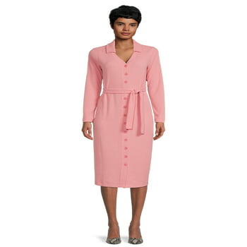 Time and Tru Women's Button Front Knit Midi Dress with Long Sleeves