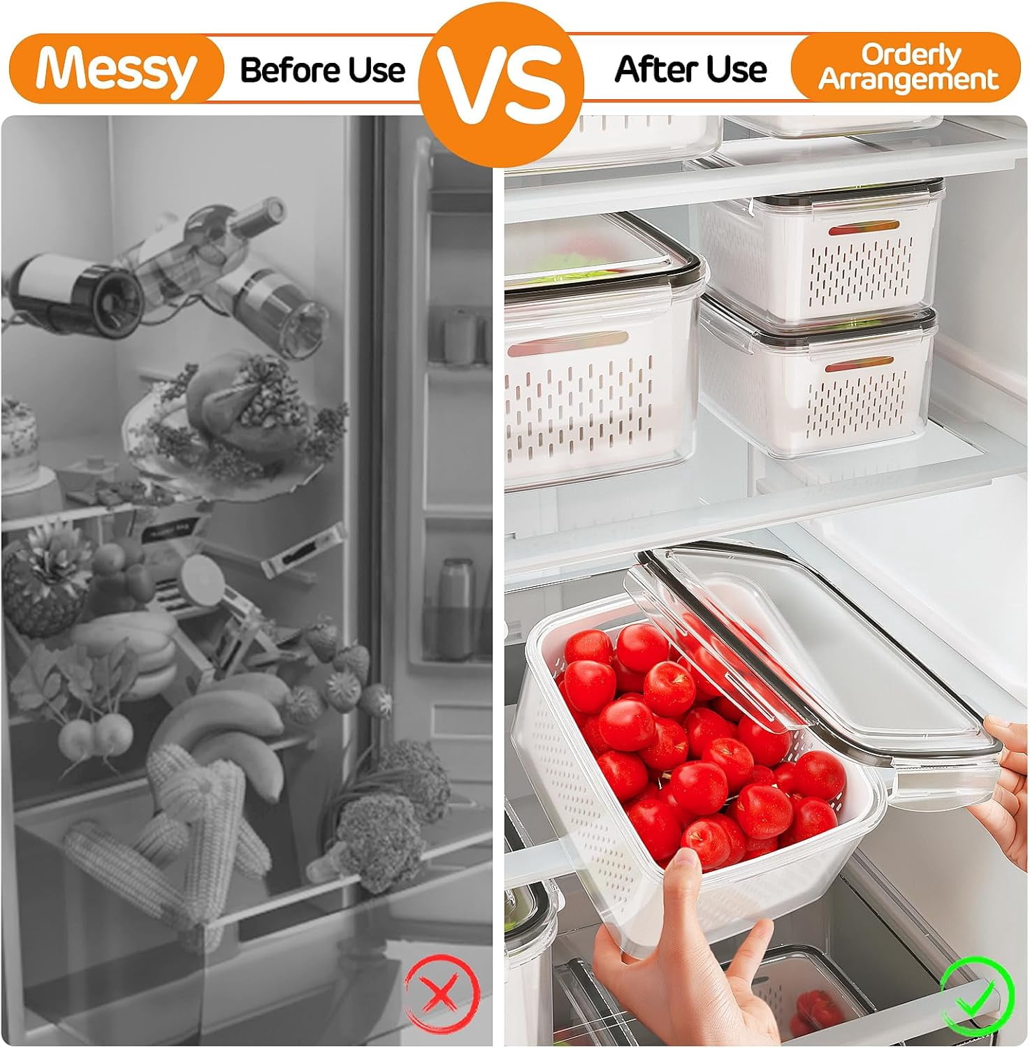 4/8 PCSFood Storage Containers For Fridge With Removable Colander, Leak Proof Refrigerator Organizers for Vegetable Produce, Keep Berry Fruits Food Fresh Longer