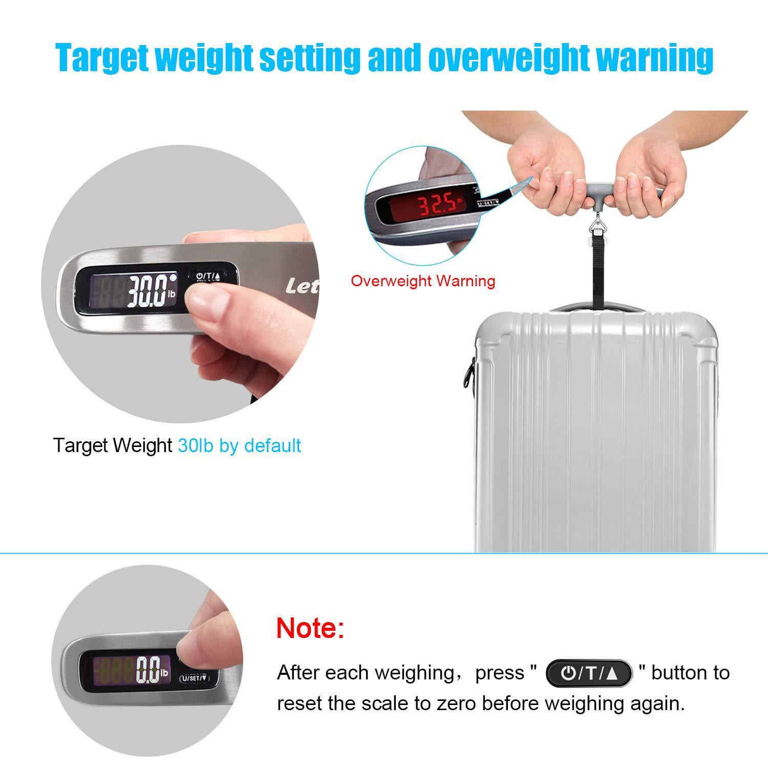 Camax Travel Portable Digital Luggage Scale Weight with LCD Suitcase Scale Digital Handheld Hook 110lb Overweight Reminder Unit Conversion Low Battery Reminder Function Travel Accessories 
