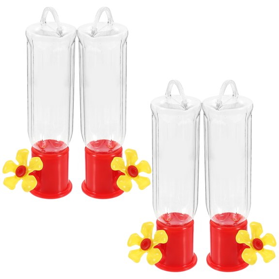 Set of 4 Outdoor Garden Hanging Transparent Hummingbird Feeders with Watertight Plastic Bowls for Birds