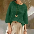 thumbnail image 2 of Htigea Cotton Linen 3/4 Sleeve Shirts for Women Casual Crewneck Tee Pullover Loose Lightweight Beach Vacation Tops Army Green XL, 2 of 8