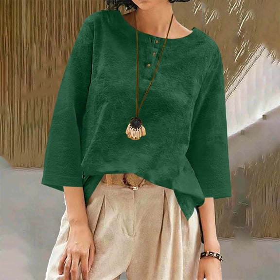HongQid Women's Linen Blouses 3/4 Sleeeve Pure Crew Neck Cotton Crew Neck Loose Tops Tshirts Summer