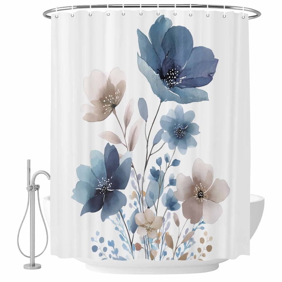 Small Stall Shower Curtain 48x72 Inch Narrow Half Size Navy Blue Floral Bath Curtains Bathroom Decor, Watercolor Flowers Farmhouse Waterproof Fabric Shower Curtain Set with Hooks 48 Inch