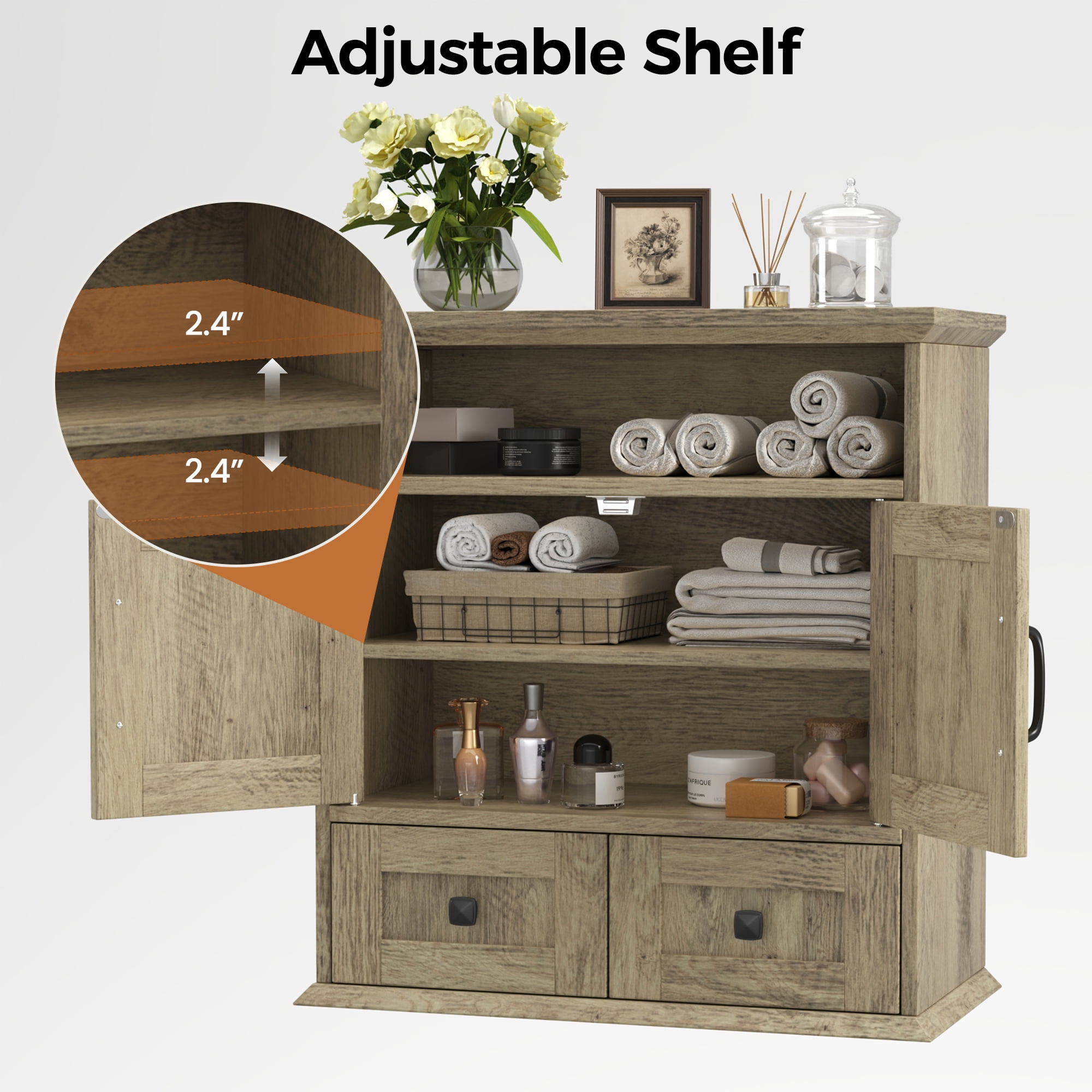 Farmhouse Wall Mounted Bathroom Cabinet with Barn Doors, Over Toilet Storage Cabinet with 2 Drawers and Adjustable Shelves, Rustic Bathroom Storage Organizer, Gray-brown