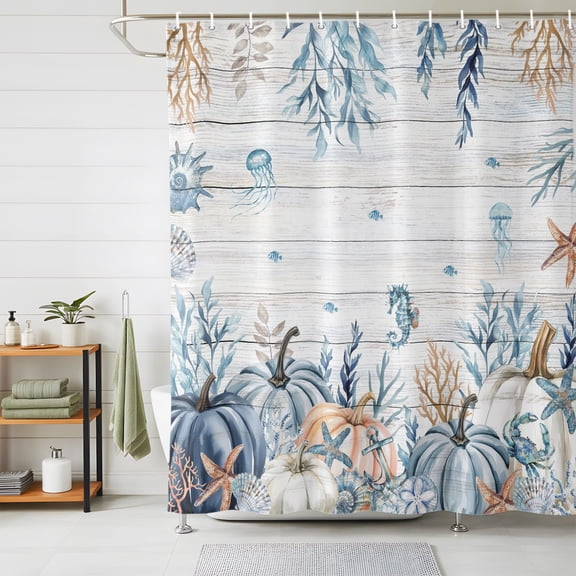 Shower Curtains for Bathroom, Thanksgiving Coastal Waterproof Fabric Shower Curtain, Autumn Pumpkin Coral Blue Starfish Decorative Bathroom Curtain for Bathtub, 66"x72", No Hooks Included