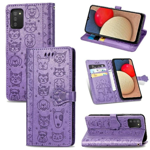 Funda Cartera FOXDOCK para Samsung Galaxy A02S , Flip PU con Relieve de Gatos y Perros, Tarjetero y Soporte