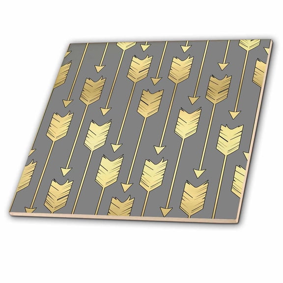 3dRose, Grey and Gold Arrows Pattern, 8 Inch Ceramic Tile