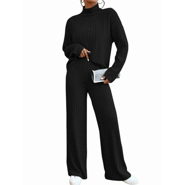 Conjuntos de 2 Piezas para Mujer para Otoño: Suéter de Punto de Viaje, Pantalones Anchos y Chándal para Estar en Casa. Negro XL