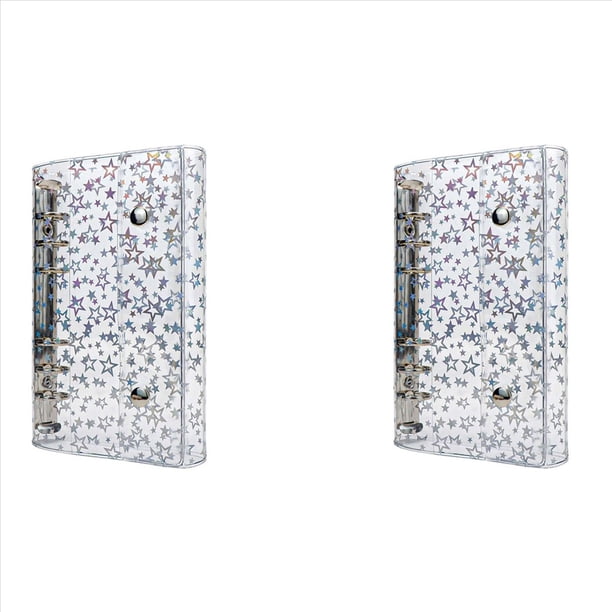 2X Cubierta para Carpeta Económica A6, Carpeta de 6 Anillas de PVC Transparente, Protector de Carcasa Recargable para Cuaderno con Estrella Brillante y 2 Broches